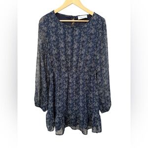 Bacio Floral Long Sleeve Mini Dress Blue Boho Cottagecore Size M